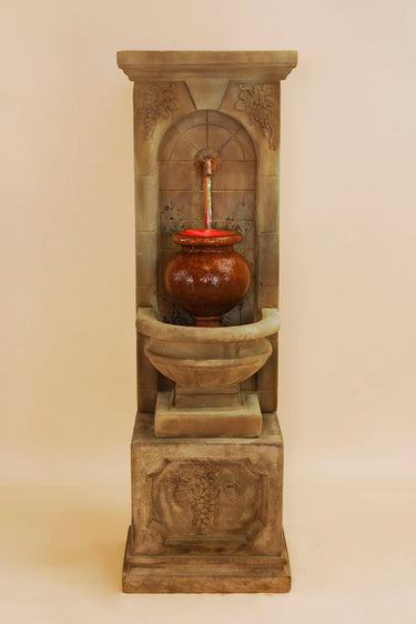 St. Helena Urn Wall Fountain – Outdoor Cast Stone Garden Fountain for Rustic Iron Spout